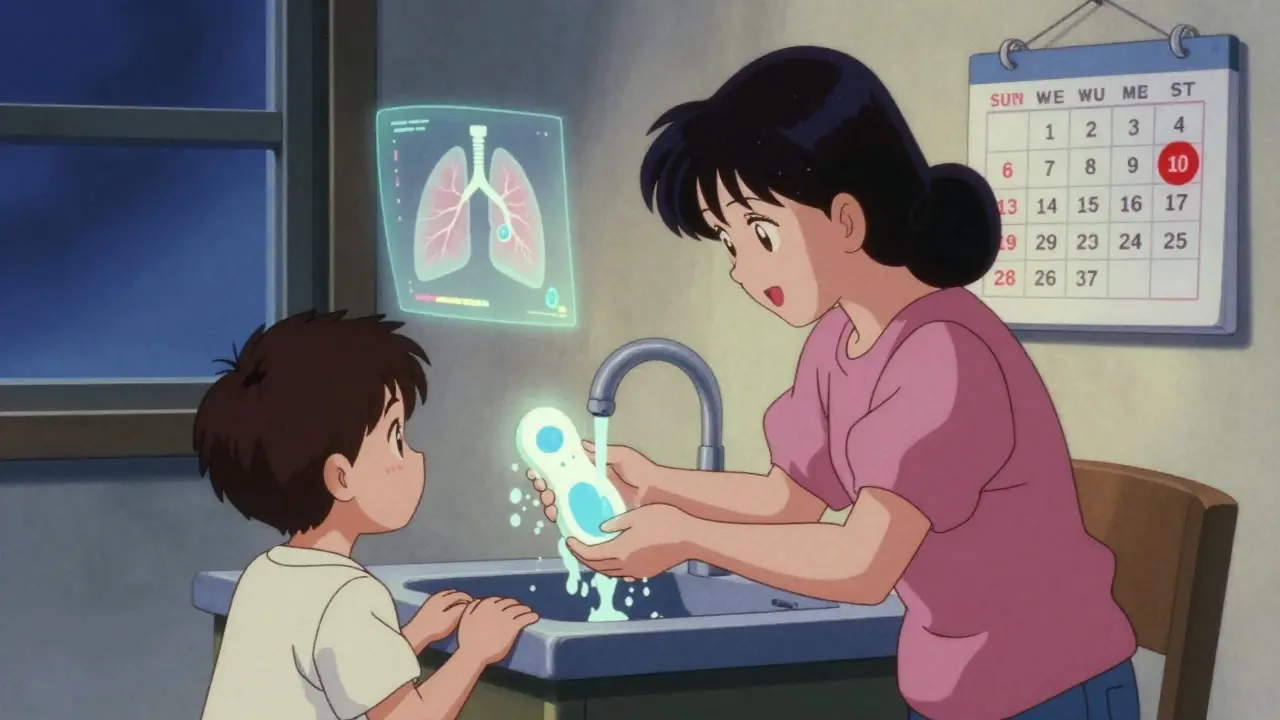 Mother washing spacer at home, calendar marked for weekly cleaning