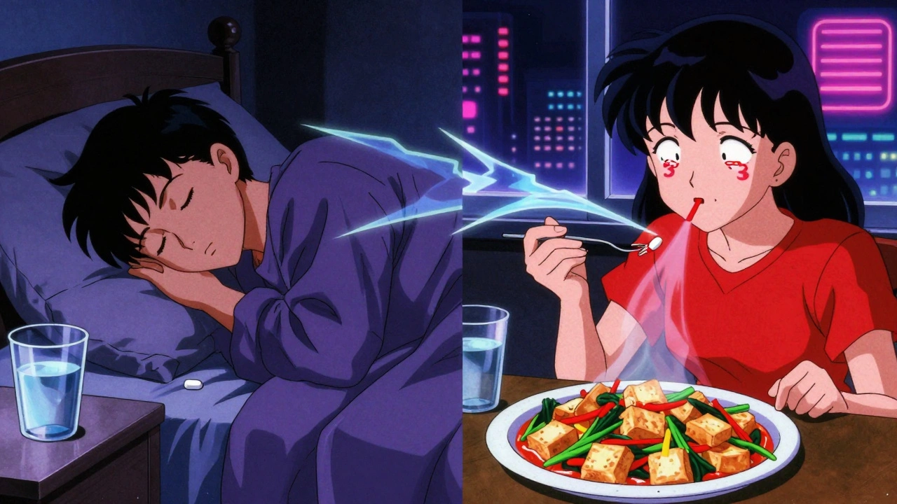 Nighttime thyroid pill on nightstand, same person eating tofu stir-fry hours later.