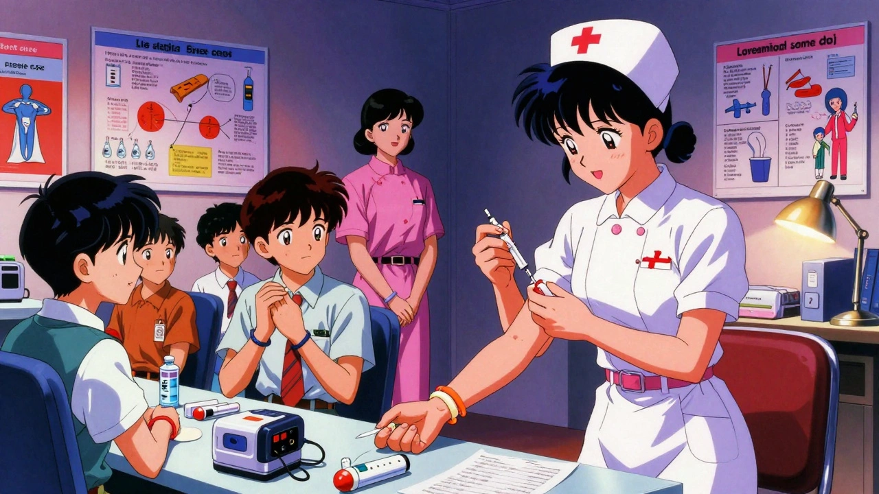 Nurse training staff on medication administration with visual charts and medical devices.