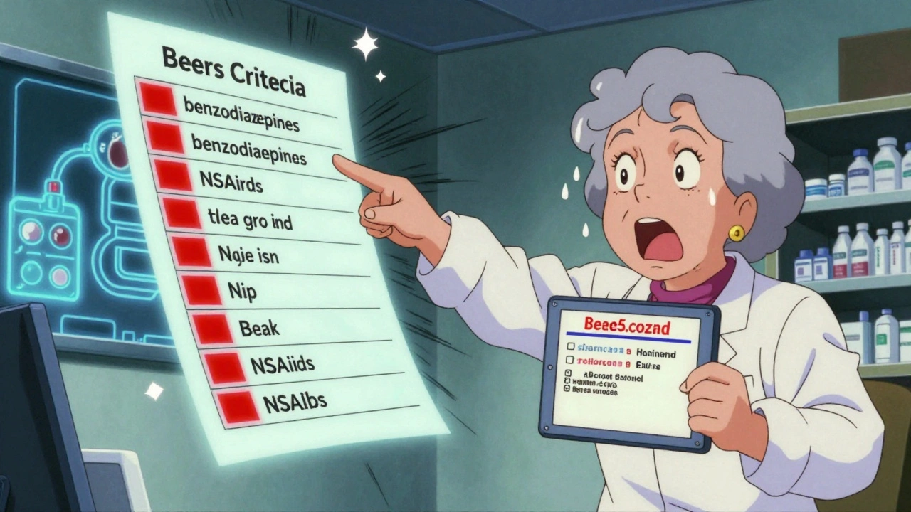Older woman and pharmacist in doctor&#039;s office facing a glowing Beers Criteria chart.