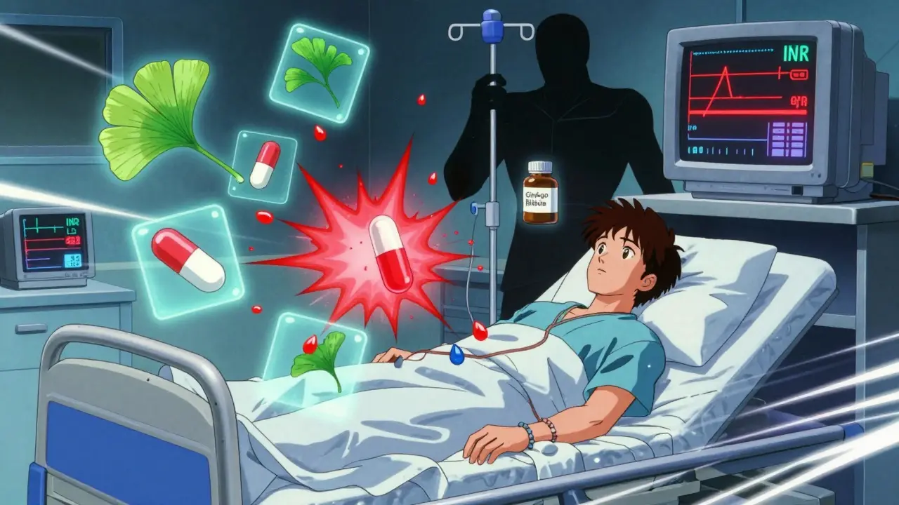 Patient in hospital bed with blood droplets and ginkgo leaves floating around, monitor flashing INR levels.