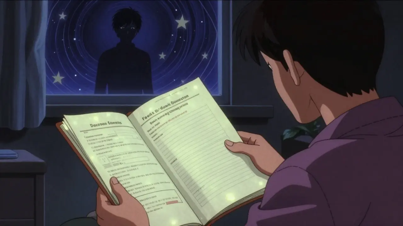 Patient organizing printed medication counseling notes in a folder at home at night.