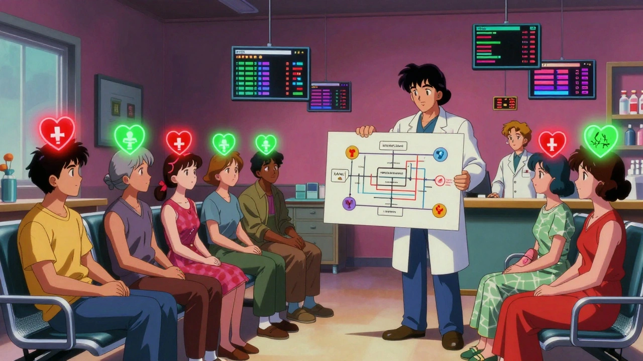 Patients in clinic with glowing health icons, doctor and pharmacist holding drug interaction flowchart.