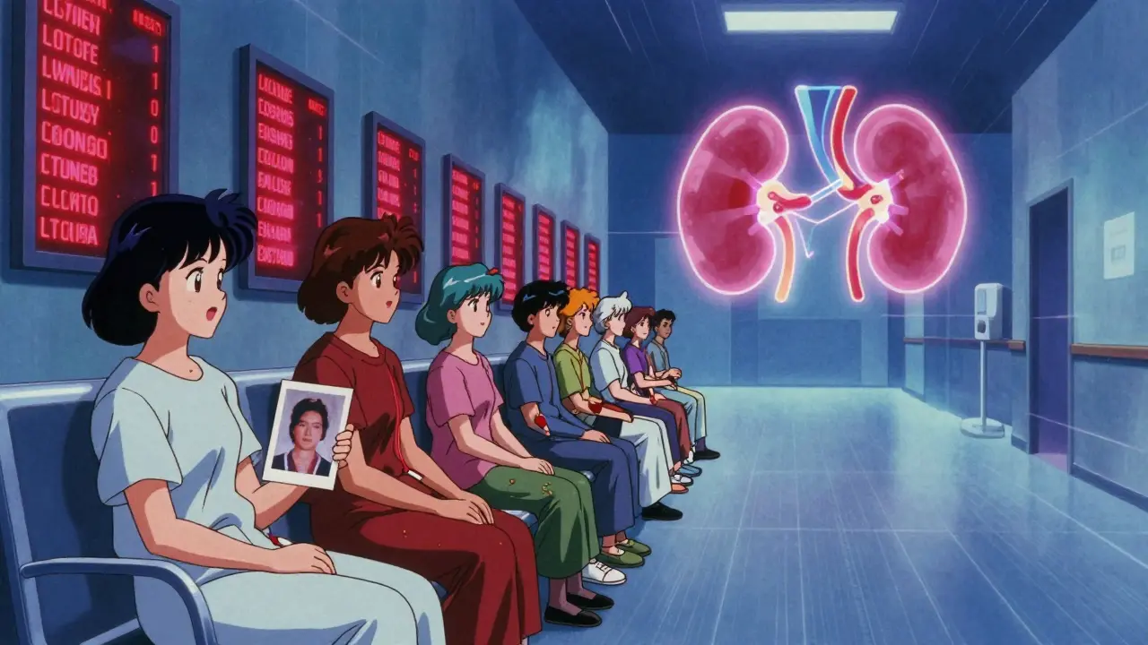 Patients waiting in glowing hallway with digital waitlist screens and paired donation network