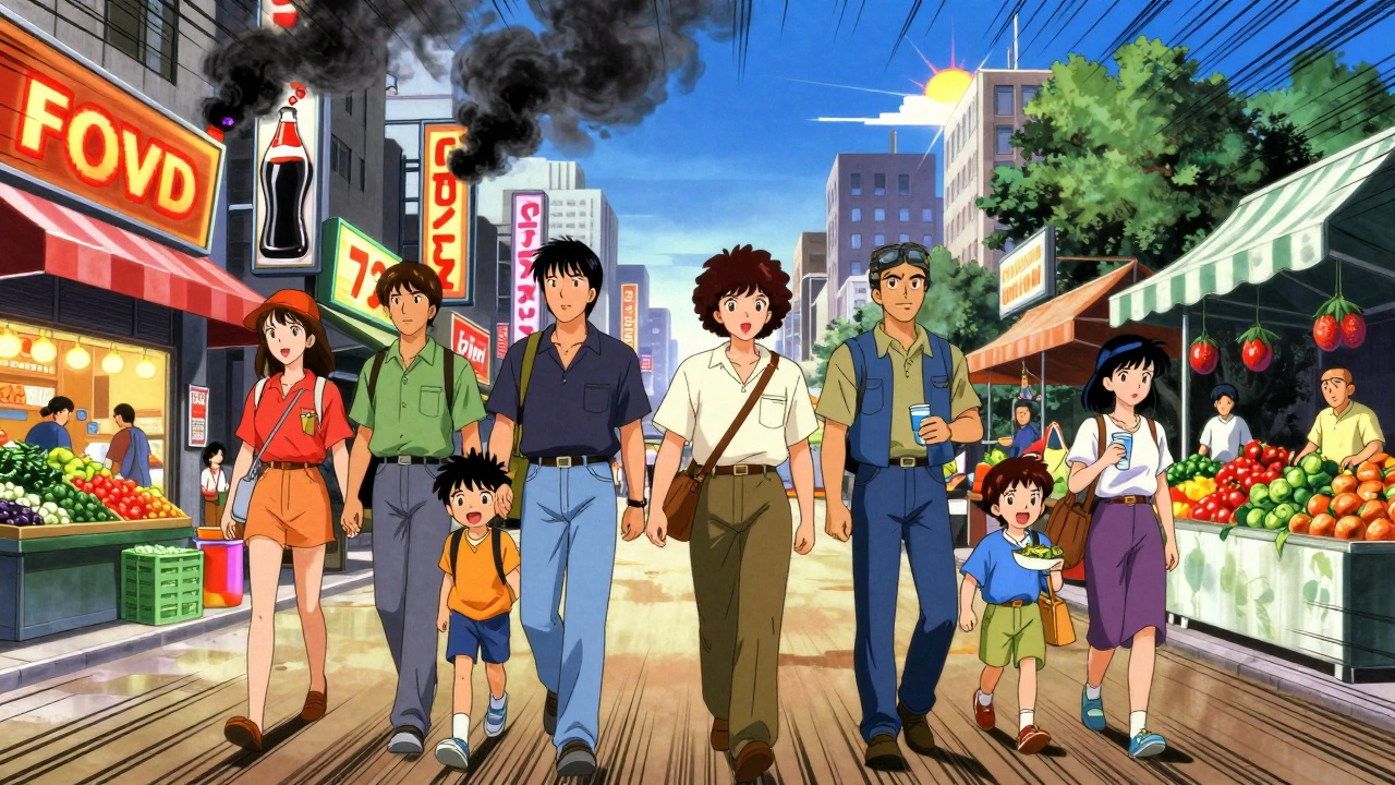 People walking between unhealthy fast food and healthy food markets in a retro anime city.