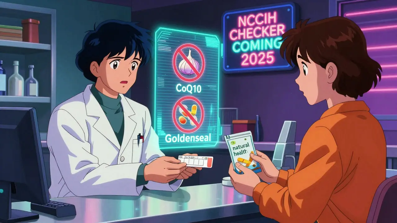 Pharmacist handing prescription as holographic warnings flash over supplements and medications.
