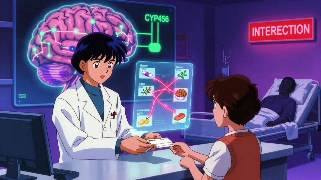 Pharmacist handing prescription with floating drug interaction holograms, glowing brain pathways in background.