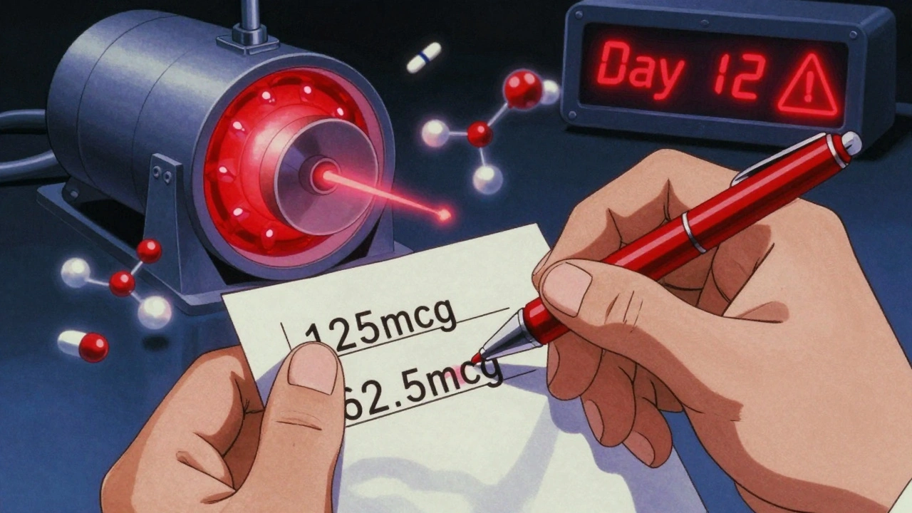 Pharmacist rewriting digoxin dose with molecular pump shutting down in background, 80s anime style