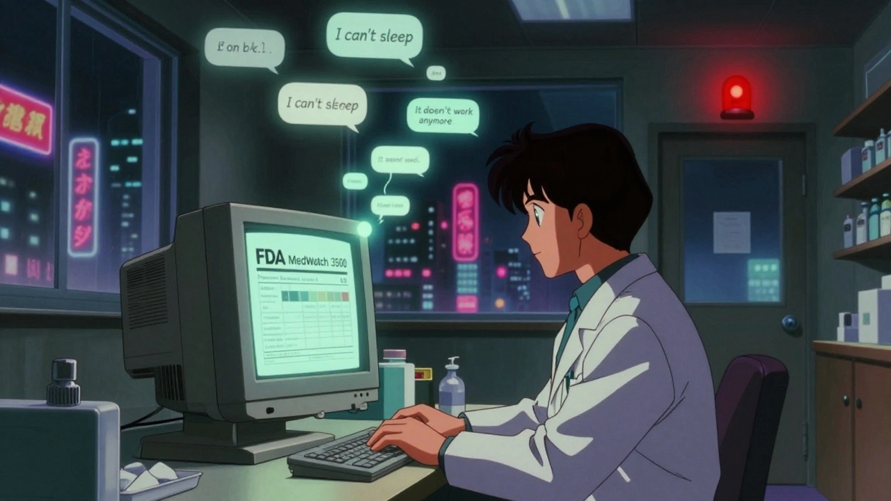 Pharmacist submitting an FDA report at night, floating patient complaints rising into the ceiling.