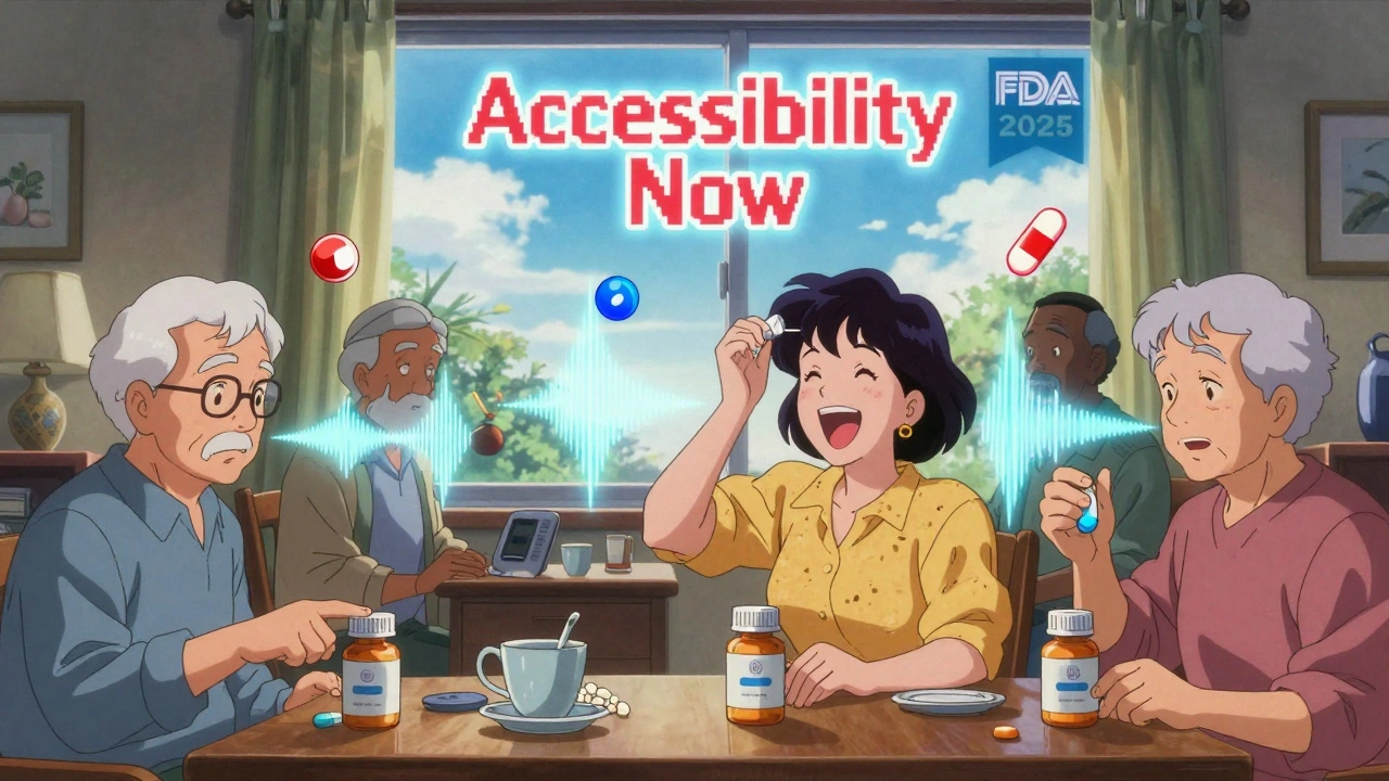 Seniors using audio-labeled pill bottles with floating color-coded medication icons and holographic voice waves.