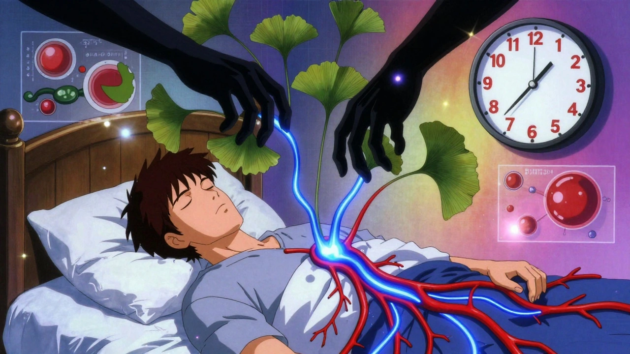 Shadowy hands pull at blood vessels above a sleeping man, symbolizing bleeding risks from Ginkgo.