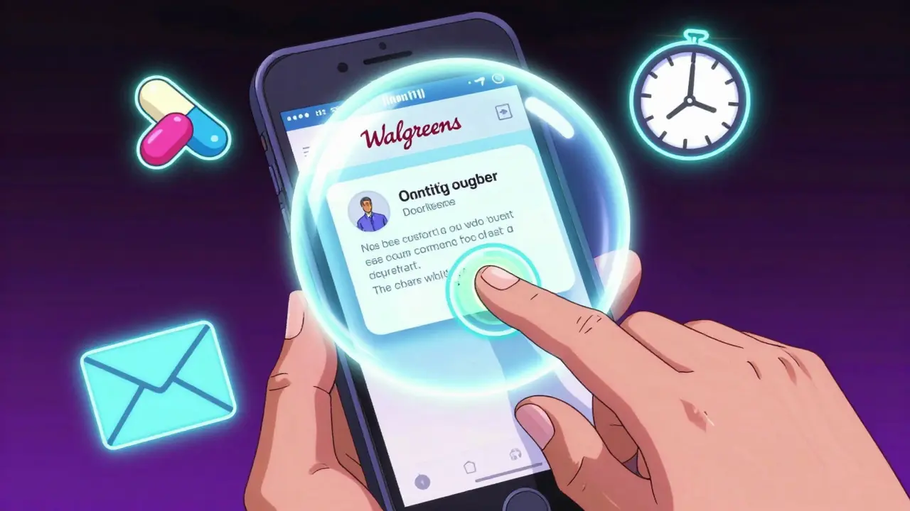 Smartphone displaying glowing pharmacy counseling summary with biometric verification.