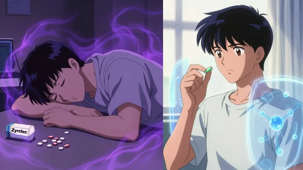 Split scene: drowsy patient with Zyrtec vs. alert person taking Allegra in morning light with protective molecular shields.