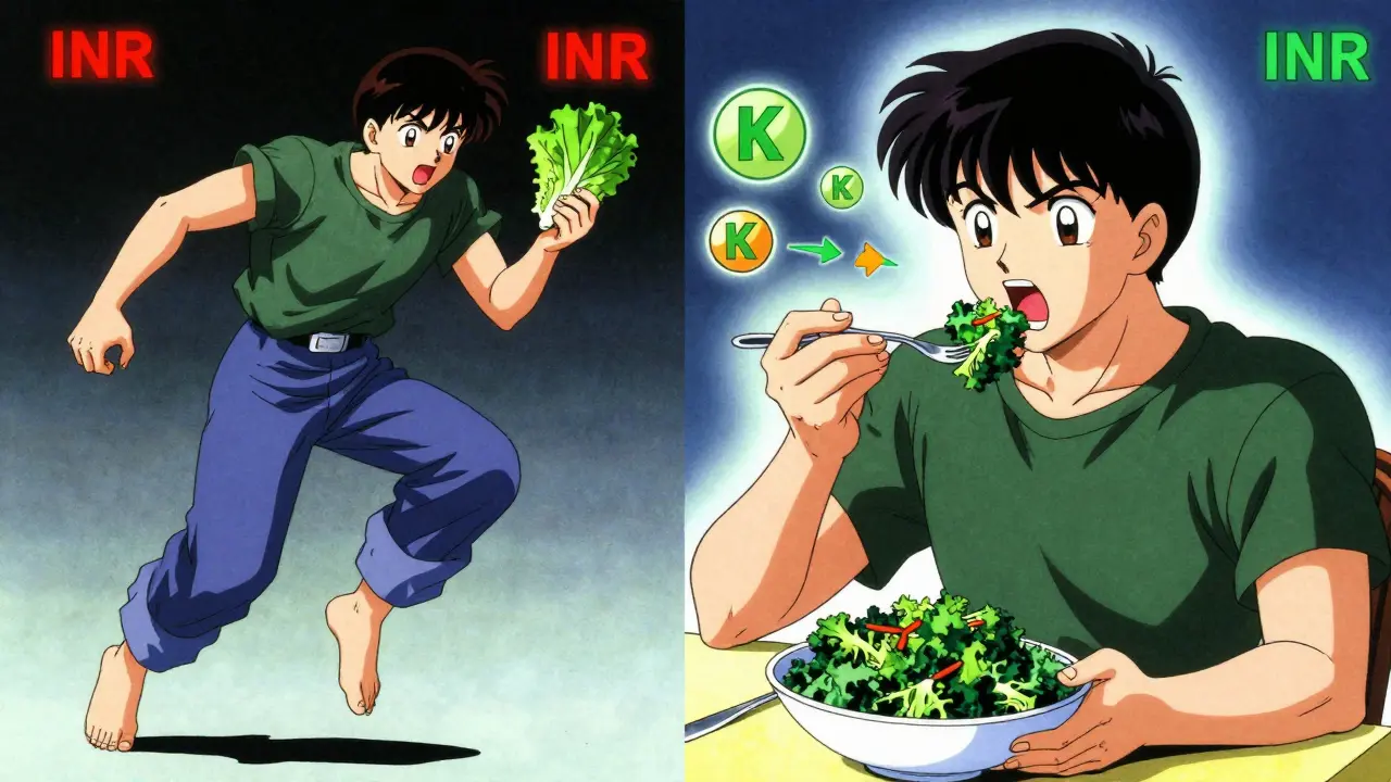 Split scene: man skipping kale (red INR) vs. eating it consistently (green INR).