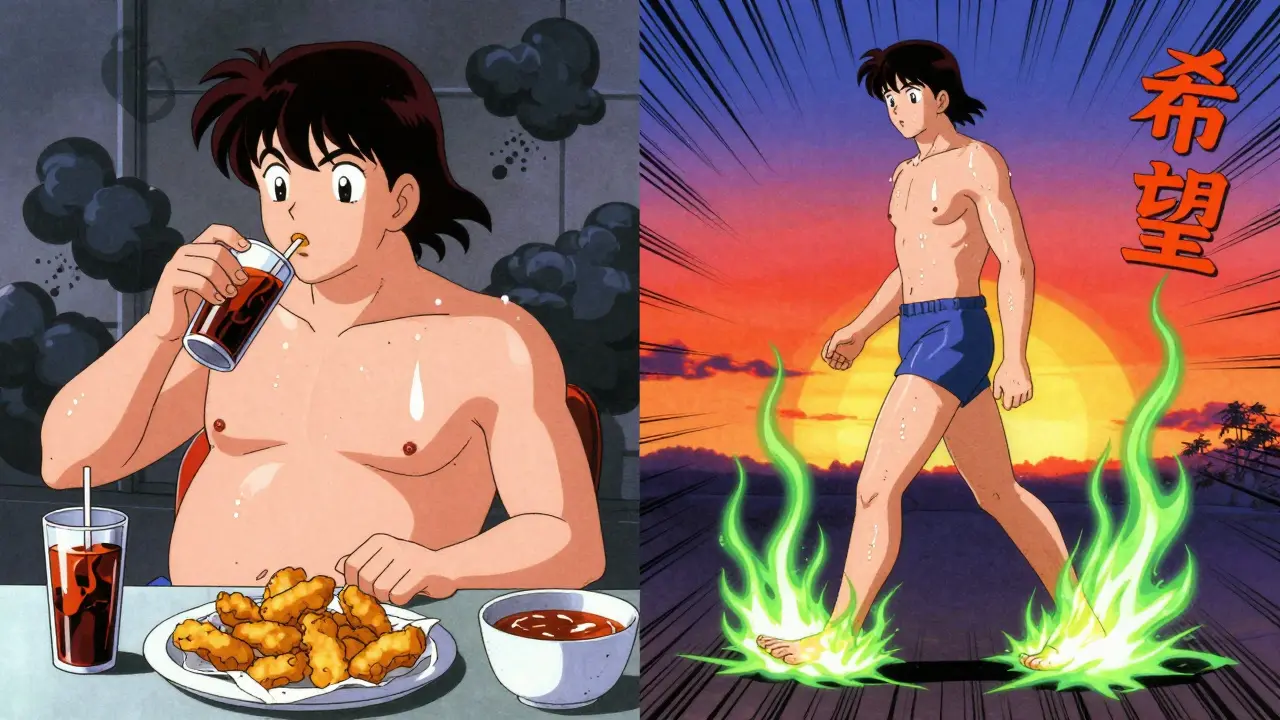 Split scene: person eating junk food vs. walking at sunset, with energy waves and retro anime effects.