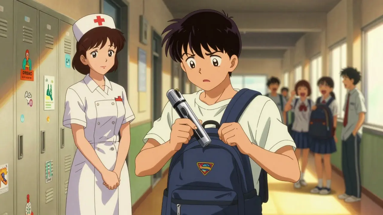 Teenager hesitantly pulling out a custom-designed spacer in school hallway