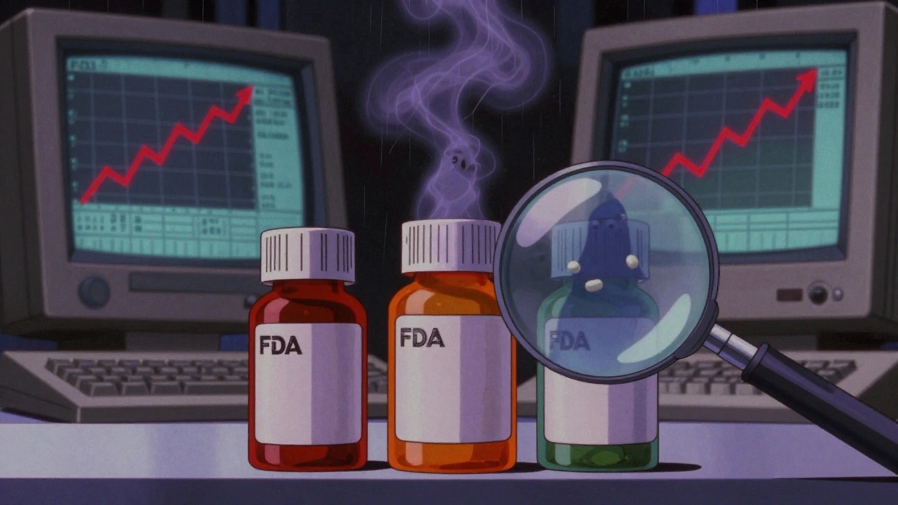 Three generic pill bottles with glowing mist forming a patient silhouette, magnifying glass revealing inconsistencies.