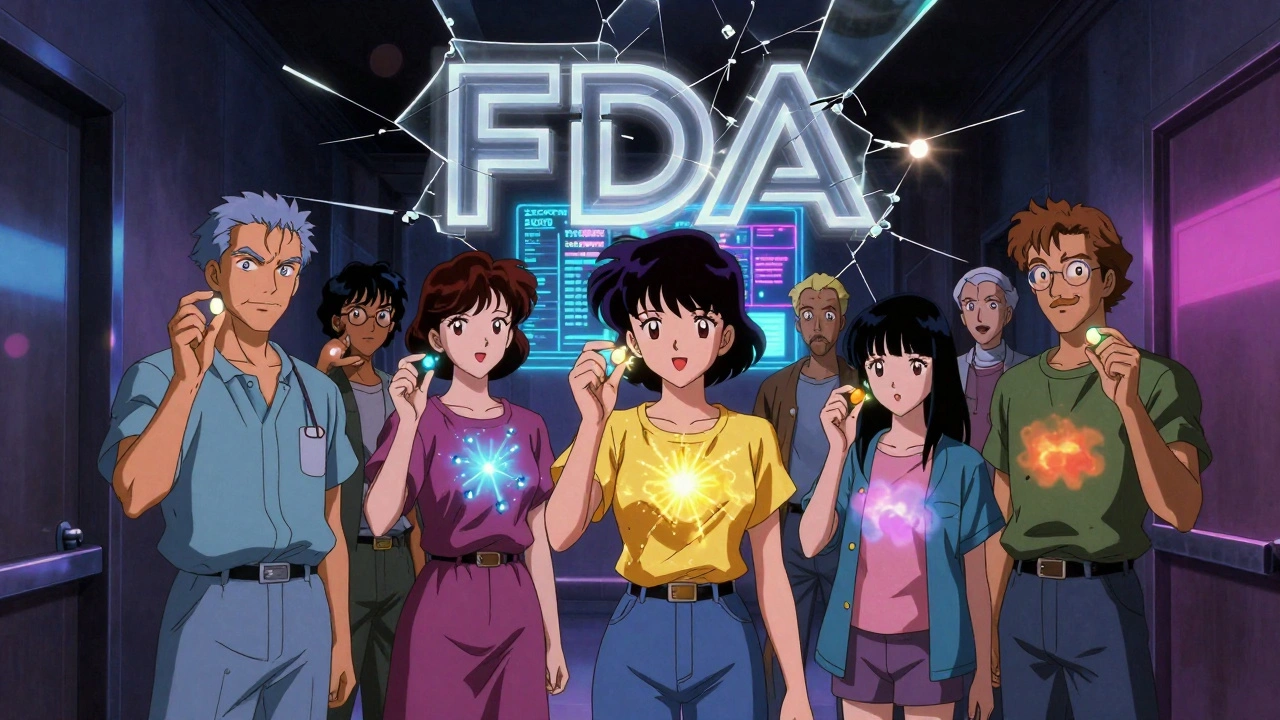 Three patients stand in a dark hallway, each holding pills emitting glowing excipients, while a cracked FDA logo reveals a future database.