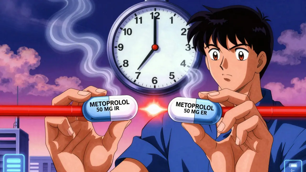 Two pills labeled differently side by side, separated by a glowing barrier with a ticking clock in the background.