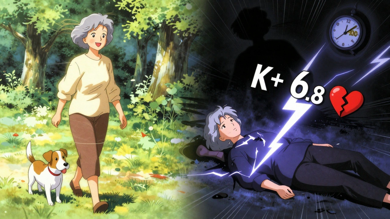 Woman walking happily then collapsing with high potassium warning, split-panel 80s anime scene