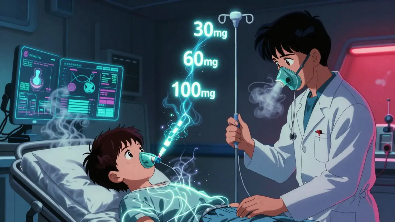 A child undergoing aspirin desensitization with glowing dosage levels ascending like a light staircase in a futuristic hospital.