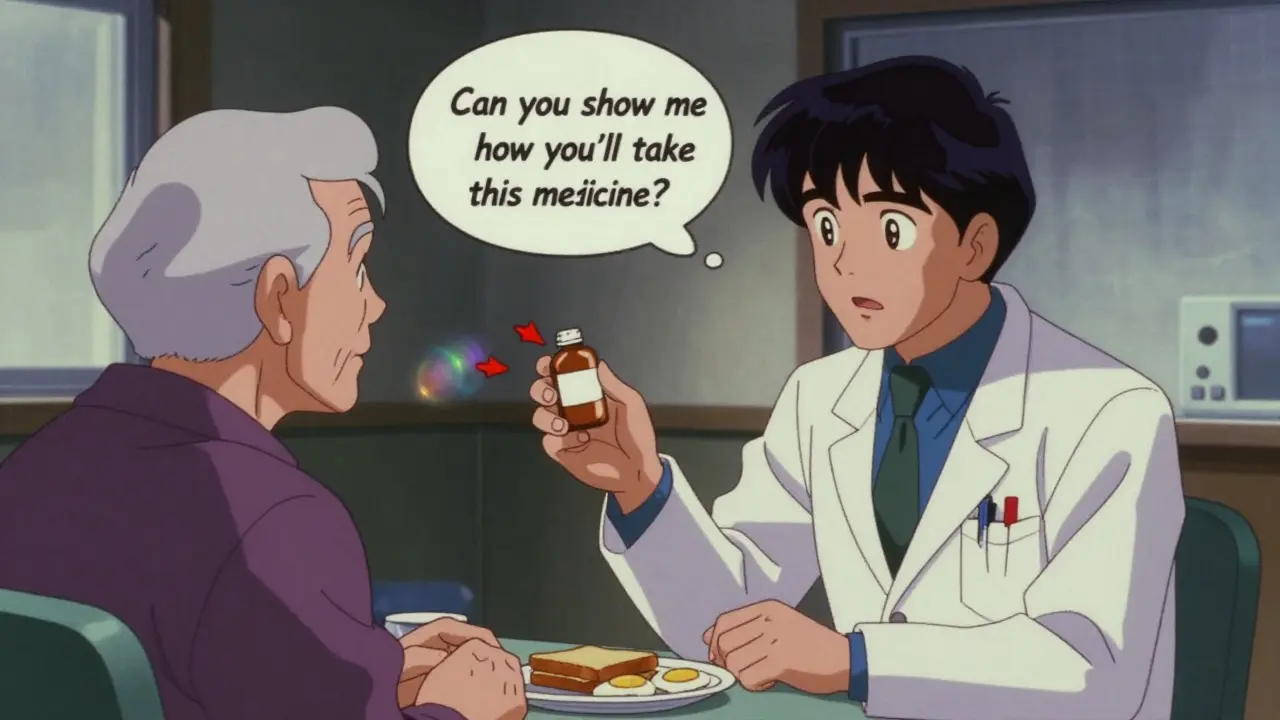 A doctor and senior patient in a clinic, using the teach-back method with visual cues of pills and breakfast.