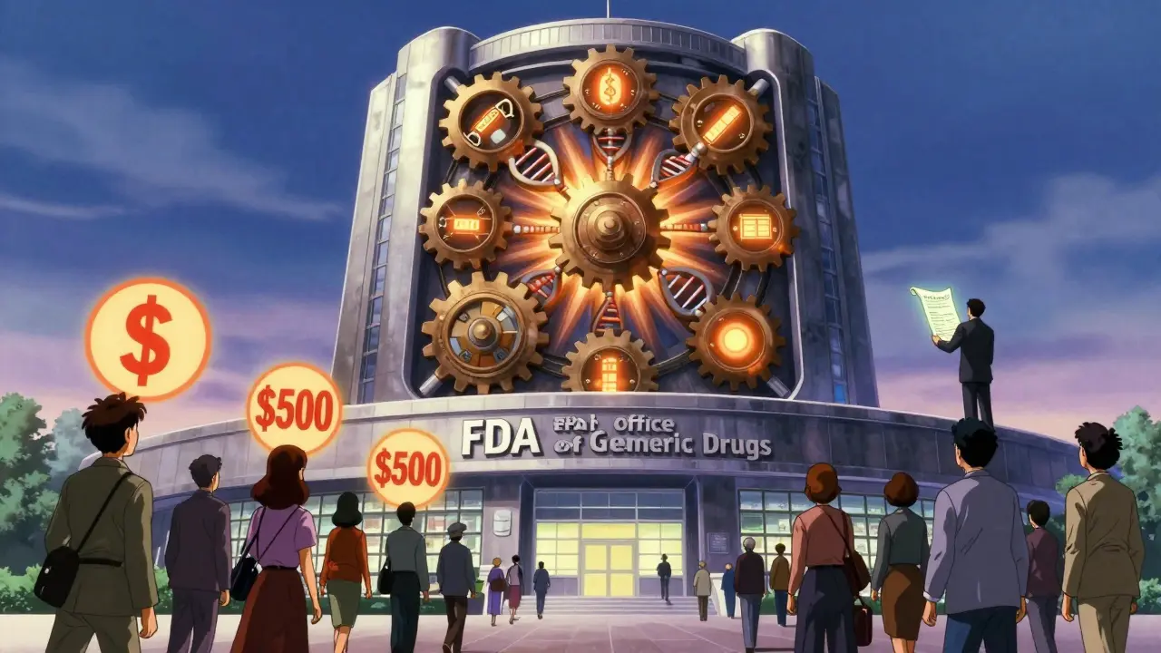 A futuristic FDA building with six glowing departments and citizens holding savings symbols