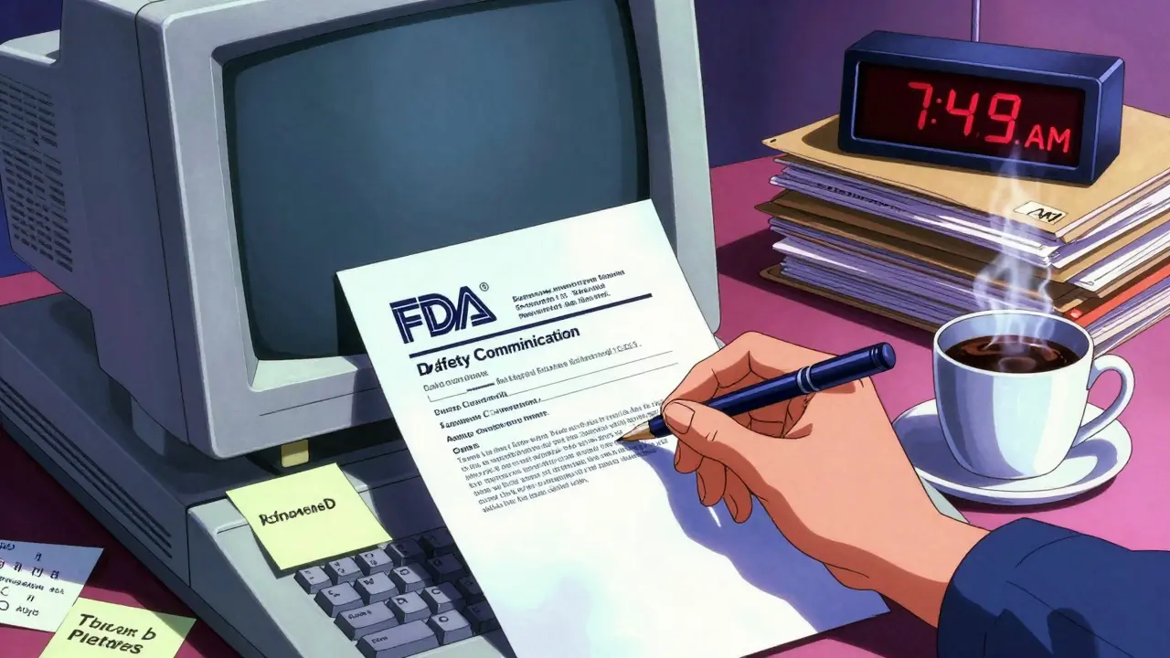 A hand printing an FDA drug safety document on an 80s-style computer, surrounded by medication notes and a steaming coffee cup.