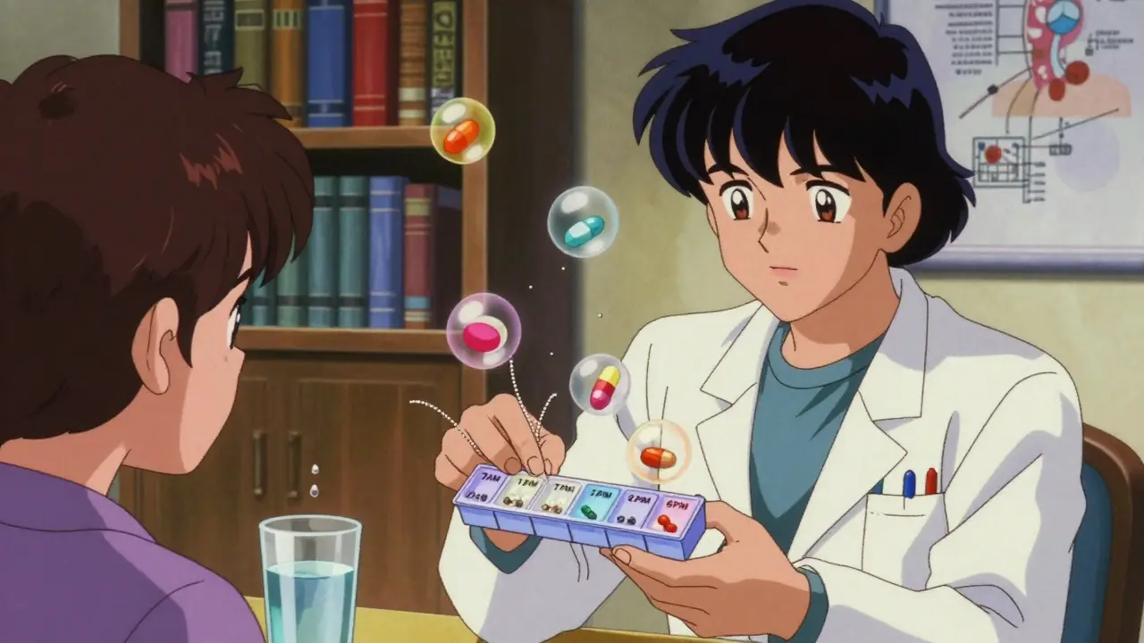 A pharmacist giving a timed pill organizer to a patient, with floating medication bubbles being kept away from fiber strands.