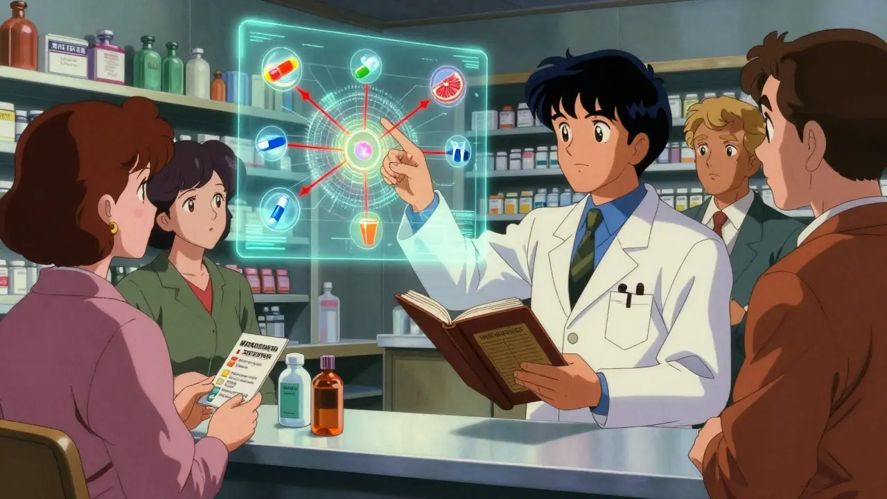 A pharmacist using a holographic interaction map in a retro pharmacy, patients watching as dangerous drug combinations glow red.