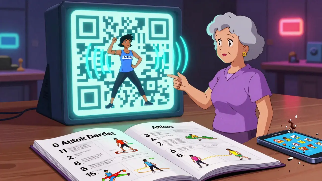 A senior woman scanning a QR code that projects a voice-guided exercise video, with printed materials nearby.