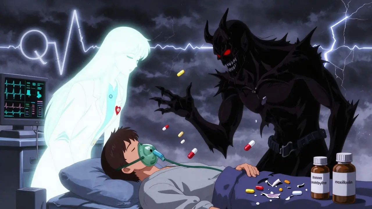 A symbolic battle between methadone and Torsades de Pointes over a sleeping patient with CPAP and medication bottles.