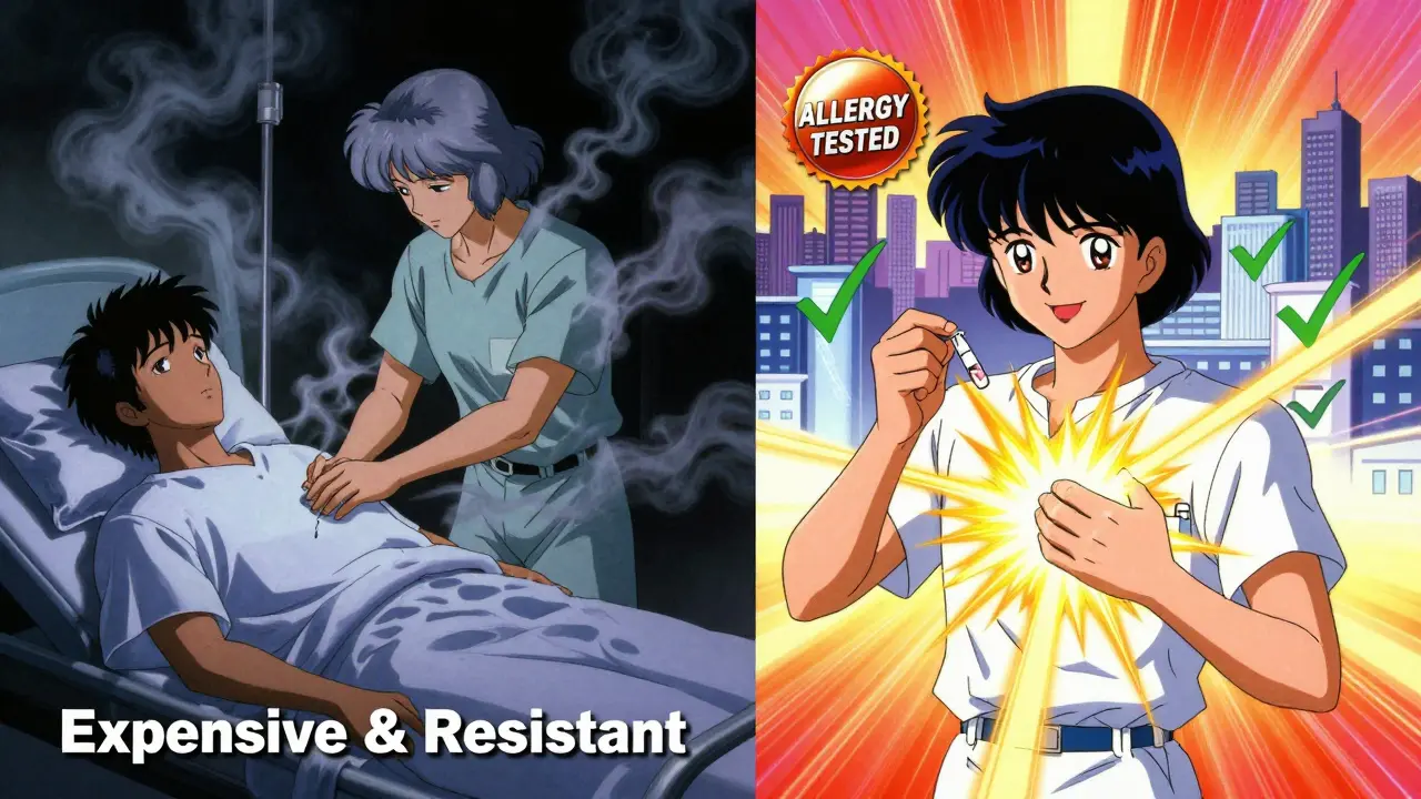 Contrasting scenes: one person suffering from unnecessary antibiotics vs. another safely taking penicillin with radiant light and checkmarks.