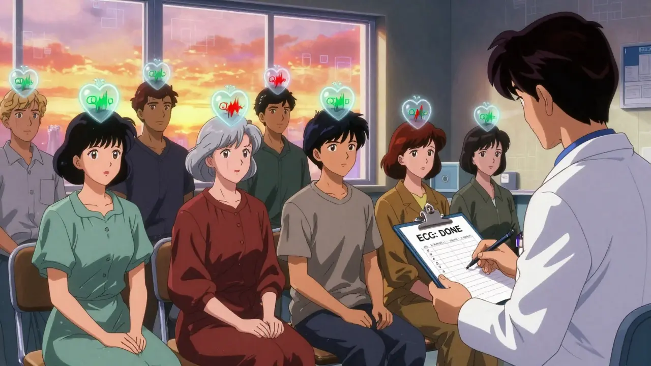 Diverse patients in a methadone clinic with translucent heart icons showing normal and prolonged QT intervals.