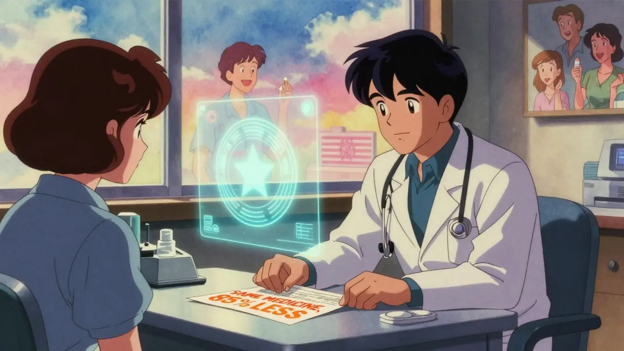 Doctor and patient share a prescription with FDA hologram, smiling patients visible in background.