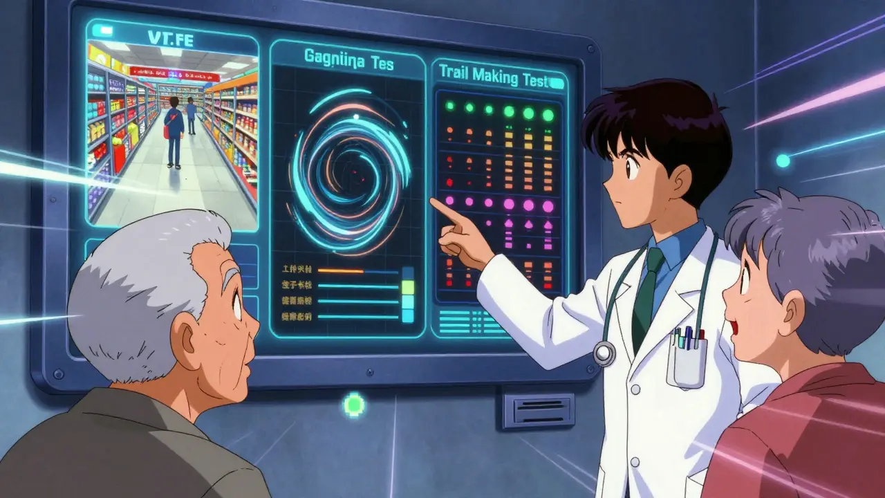 Doctor and patient viewing futuristic cognitive screening tests on a glowing wall screen in anime style.