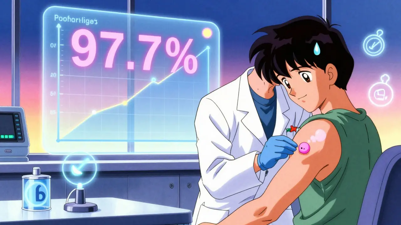 Doctor performing penicillin skin test with glowing results in a retro-futuristic clinic.