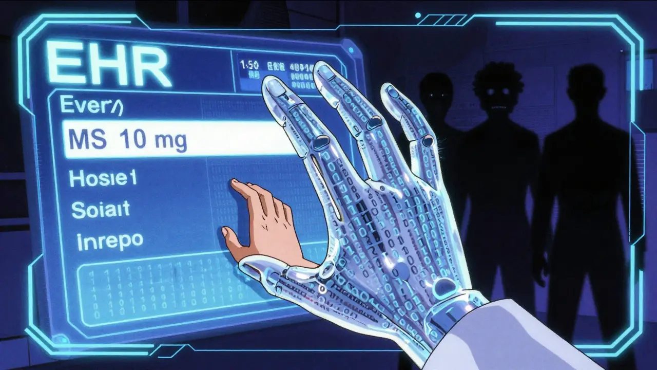 Doctor typing 'MS' into an EHR system as a giant AI hand blocks the submission, patient silhouettes flickering in the background.