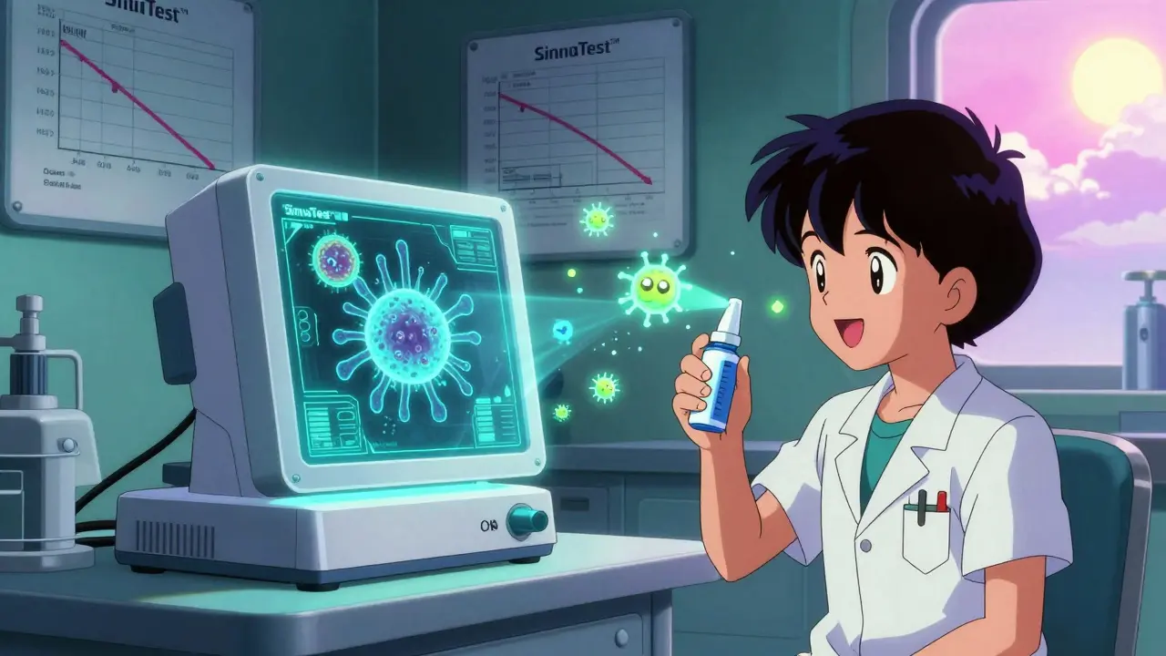 Doctor using holographic SinuTest device with friendly probiotic bacteria spirits in retro-futuristic anime office.