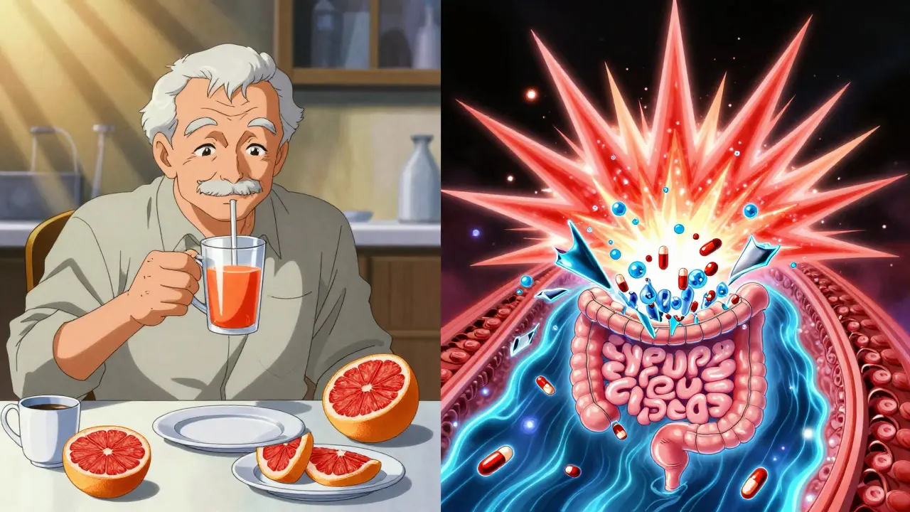 Elderly man drinking juice as his bloodstream explodes with dangerous drug spikes, enzyme icons breaking.