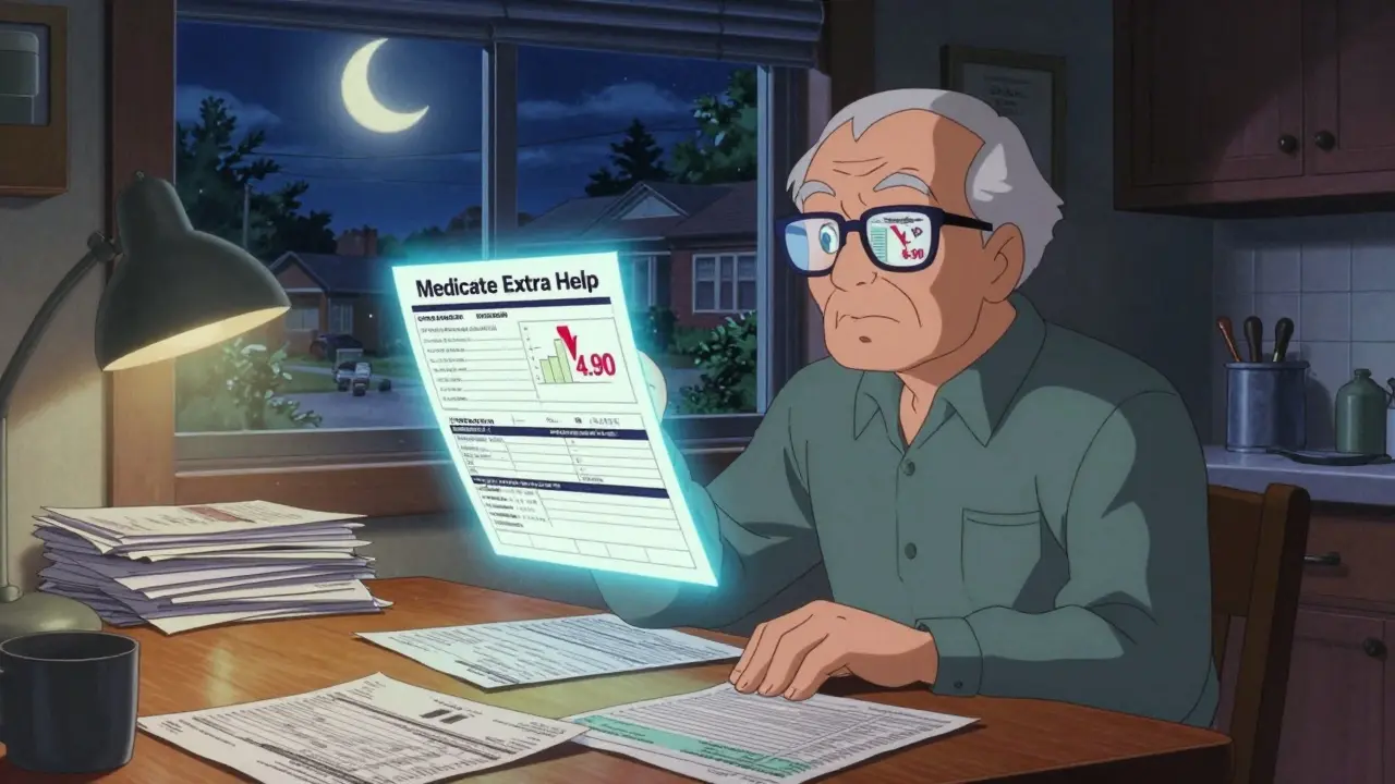 Elderly man reviewing documents as Medicare Extra Help form glows before him
