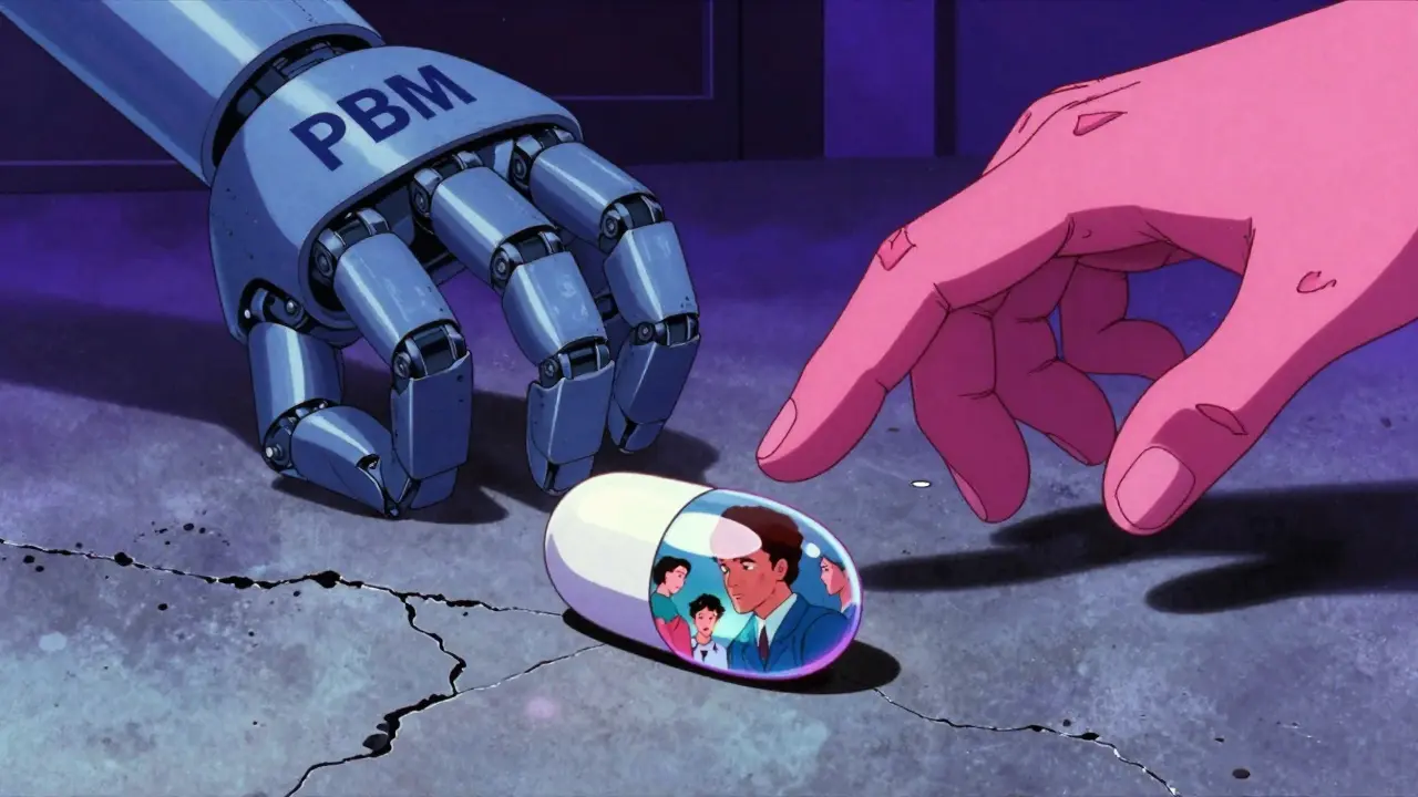 Generic pill rolling away from PBM hand, state hand reaching to save it, reflective faces on pill surface