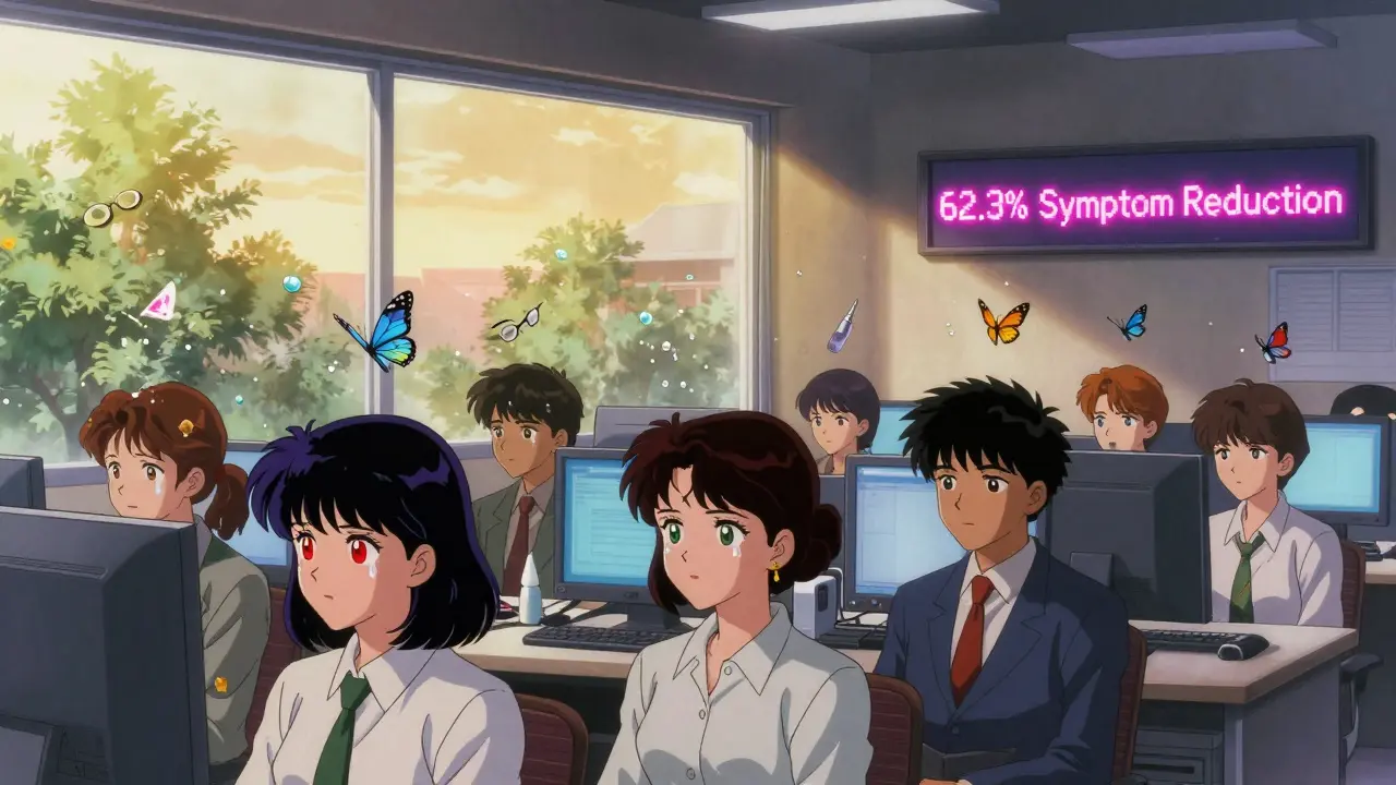 Group of workers looking away from screens as tear drops turn into butterflies, golden light flooding the room.