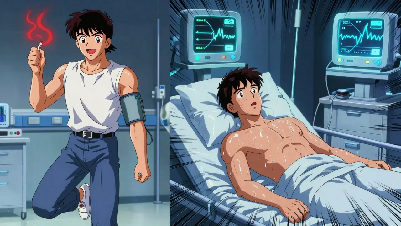 Man skipping blood pressure meds then collapsing in hospital with glowing monitors