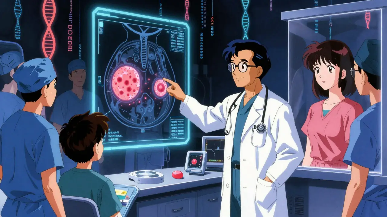 Medical team analyzing a 3D breast hologram with genomic data streams floating around them.