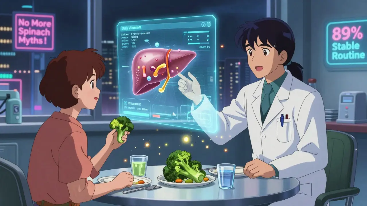 Patient with holographic food tracker and liver model showing vitamin K and warfarin interaction.