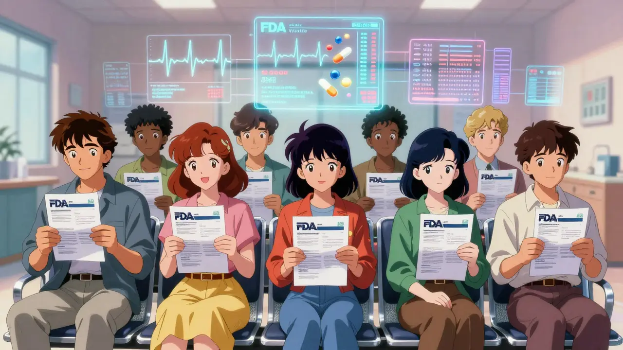 Patients in a clinic holding printed safety alerts while digital medical data glows above them in soft pastel hues.