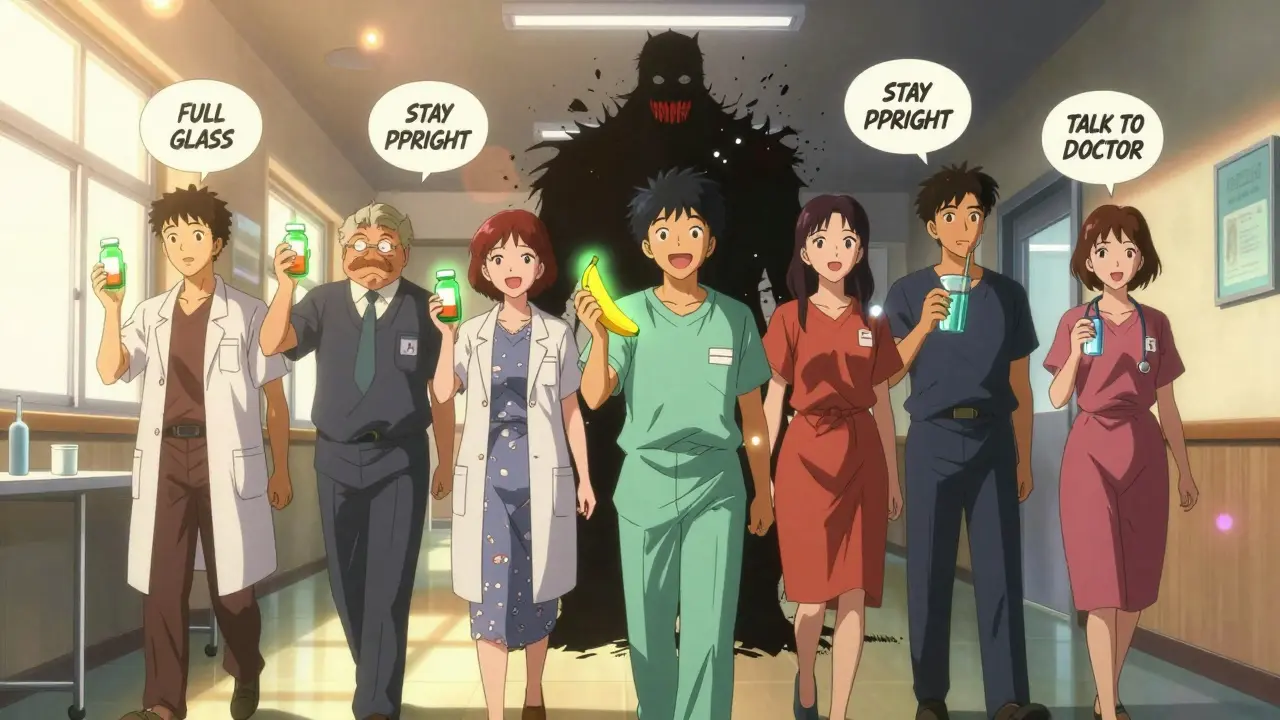 Patients walking past crumbling heartburn monster, holding pills with glowing green auras