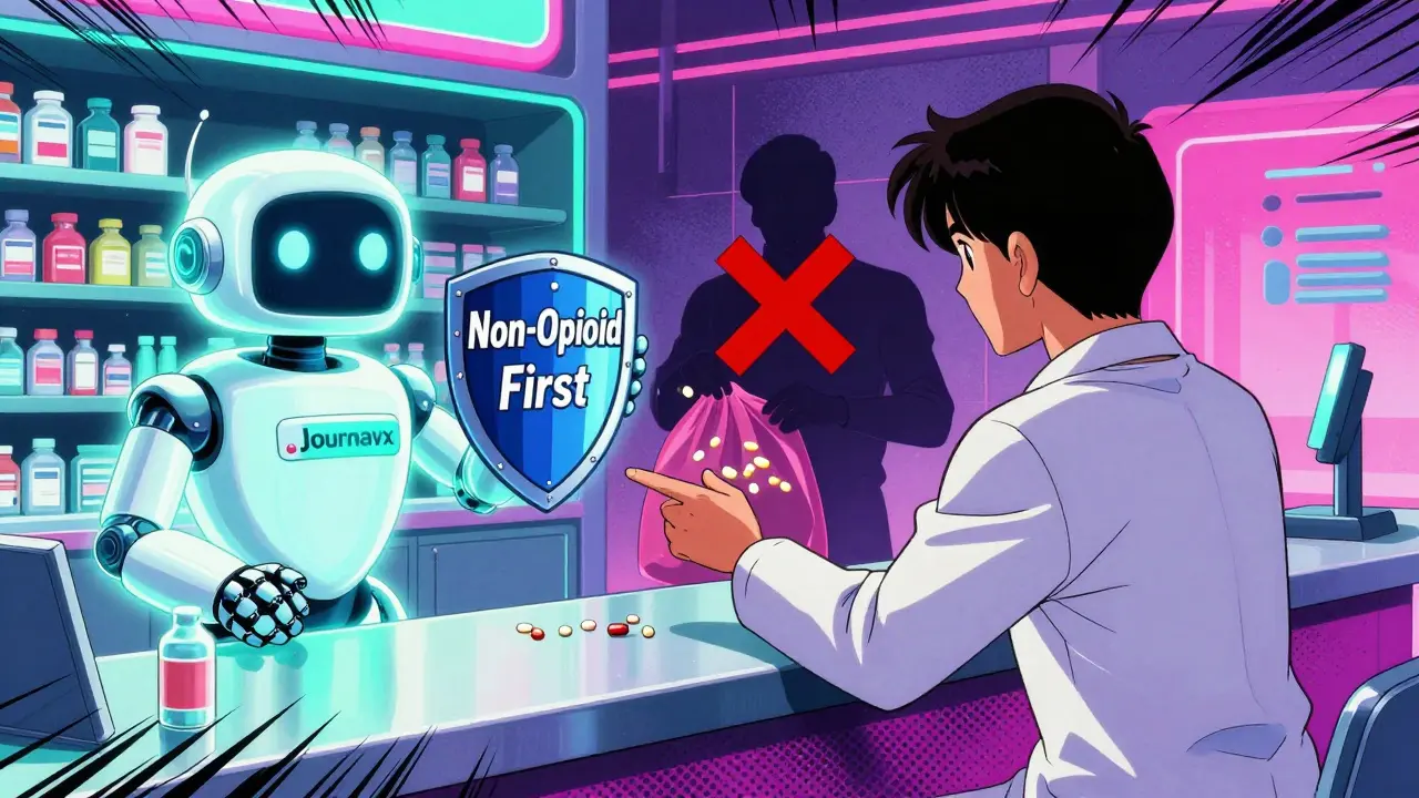 Person selecting safe pain medication at a futuristic pharmacy as a robot blocks opioid pills.
