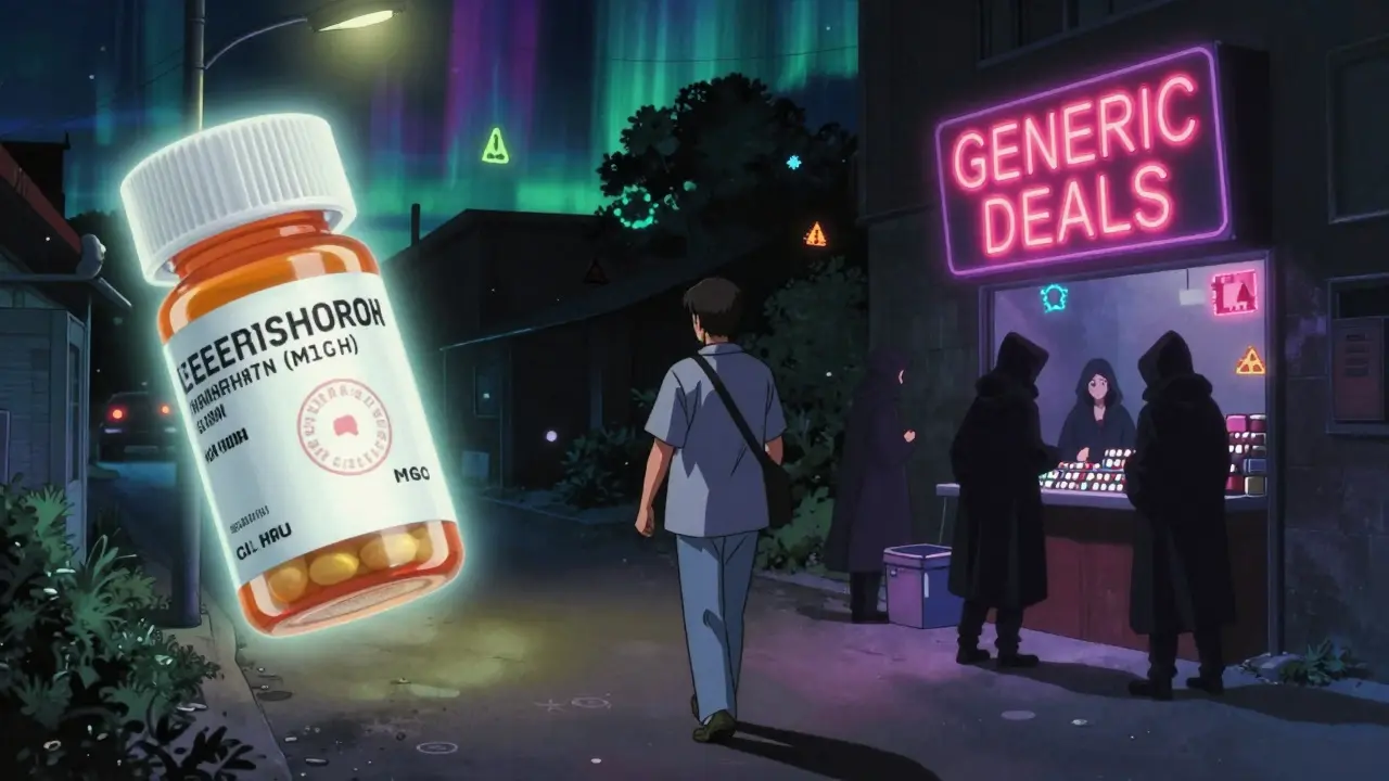 Person walking home with medicine, real packaging glows safely while fake pills lurk in shadowy alley.